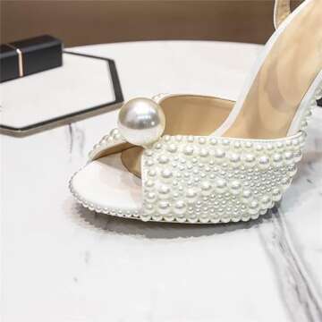 Goolita Womens Peep Toe Stiletto Heeled Sandals Shiny Pearl Buckle Ankle Strap Wedding Pumps Dress Evening Bride Bridal Shoes