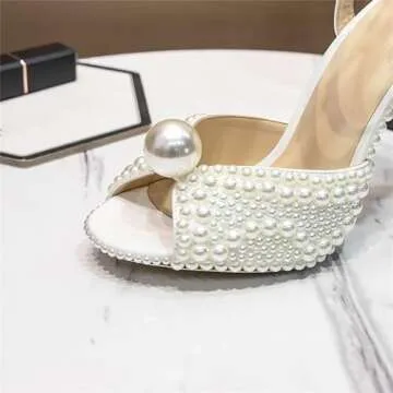 Goolita Womens Peep Toe Stiletto Heeled Sandals Shiny Pearl Buckle Ankle Strap Wedding Pumps Dress Evening Bride Bridal Shoes