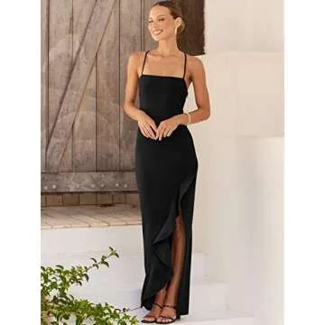 ANRABESS Women Prom Dress 2024 Summer Bodycon Formal Maxi Dresses Ruffle Side Split Cocktail Wedding Guest Date Dress Black Medium