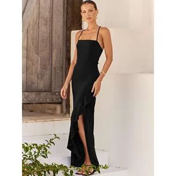 ANRABESS Women Prom Dress 2024 Summer Bodycon Formal Maxi Dresses Ruffle Side Split Cocktail Wedding Guest Date Dress Black Medium