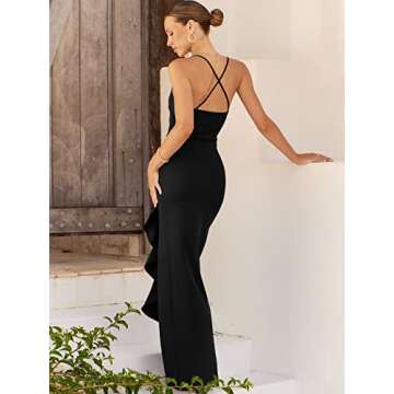 ANRABESS Women Prom Dress 2024 Summer Bodycon Formal Maxi Dresses Ruffle Side Split Cocktail Wedding Guest Date Dress Black Medium