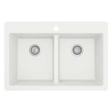 "Karran QT-810 33"" Top Mount Double Equal Bowl Quartz Kitchen Sink in White"