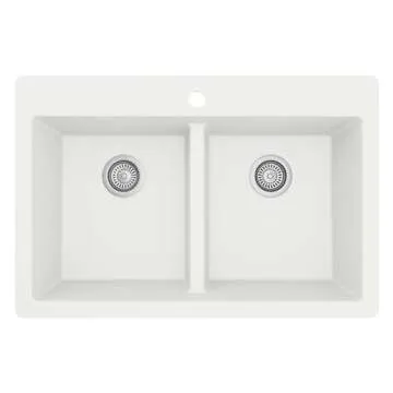 "Karran QT-810 33"" Top Mount Double Equal Bowl Quartz Kitchen Sink in White"