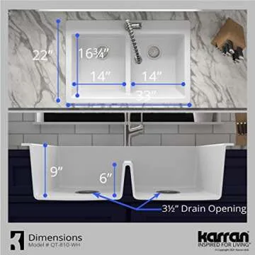 "Karran QT-810 33"" Top Mount Double Equal Bowl Quartz Kitchen Sink in White"
