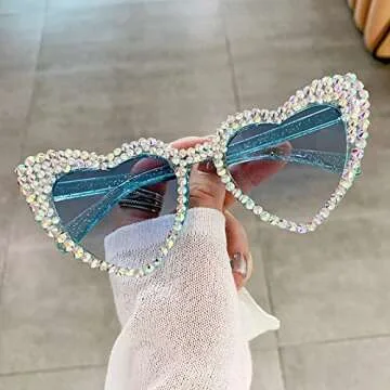 mincl Cute Women Heart Sunglasses Fashion Shiny Bling Diamond Sunglasses Polygonal Pink Rhinestone S...