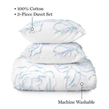 MARTHA STEWART Adrian King Size Duvet, 3 Piece Set-1 Duvet Cover, 2 Pillow Shams, Cotton-Percale, Soft, Reversible, Easy Wash, All Season 104"x92" with Button Closure, Blue/White