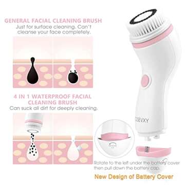 Waterproof Facial Cleansing Spin Brush Set with 4 Interchangeable Brush Heads - Electric Face Scrubber Cleanser Brush by CLSEVXY - Face brush for Deep Scrubbing, Gentle Exfoliating and Massaging