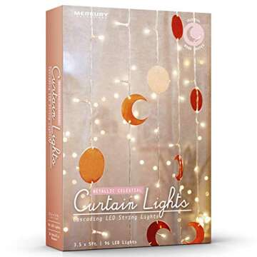 Merkury Innovations Curtain Lights, Cascading Battery-Operated LED Lighted Backdrop Curtain for Bedroom, Wedding, Decoration, or Christmas, Indoor/Outdoor use (Metallic Celestial, Warm White)