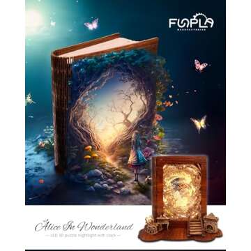FUNPOLA Alice in Wonderland LED 3D Puzzle Nightlight - DIY Book Lamp with Clock - 3D Wood Puzzles Ni...