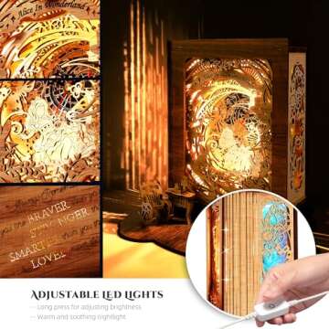 FUNPOLA Alice in Wonderland LED 3D Puzzle Nightlight - DIY Book Lamp with Clock - 3D Wood Puzzles Nightlight Home Décor for Kids and Adults