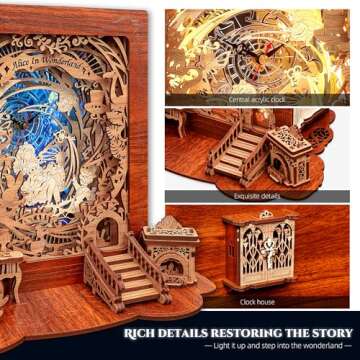 FUNPOLA Alice in Wonderland LED 3D Puzzle Nightlight - DIY Book Lamp with Clock - 3D Wood Puzzles Nightlight Home Décor for Kids and Adults