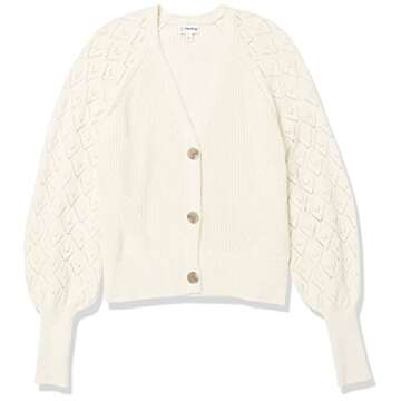 The Drop Women's Divya Pointelle Full Sleeve Cardigan Sweater, Whisper White, L