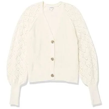 The Drop Women's Divya Pointelle Full Sleeve Cardigan Sweater, Whisper White, L