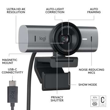Logitech MX Brio Ultra HD 4K Collaboration and Streaming Webcam, 1080p at 60 FPS, Dual Noise Reducing Mics, Show Mode, USB-C, Webcam Cover, Works with Microsoft Teams, Zoom, Google Meet - Graphite