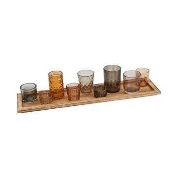 Wood Tray with 9 Brown Glass Votive Holders Set