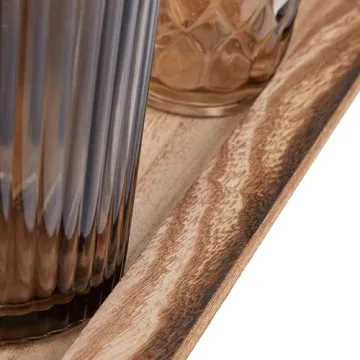 Wood Tray with 9 Brown Glass Votive Holders Set