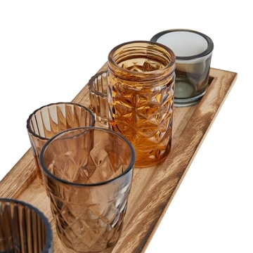 Wood Tray with 9 Brown Glass Votive Holders Set