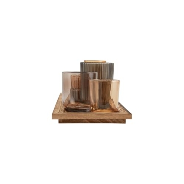 Wood Tray with 9 Brown Glass Votive Holders Set
