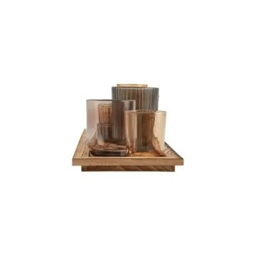 Wood Tray with 9 Brown Glass Votive Holders Set
