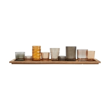 Wood Tray with 9 Brown Glass Votive Holders Set