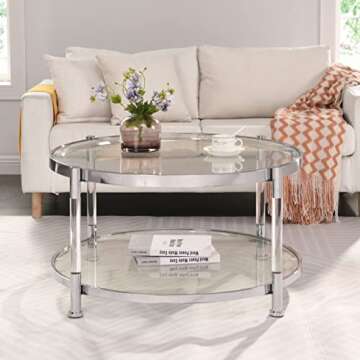 MISPACIO Tempered Glass Round Coffee Table, 32" Modern Acrylic Legs Circle Coffee Table with Clear Glass Top for Storage, Circular Center Table with Open Shelf for Living Room