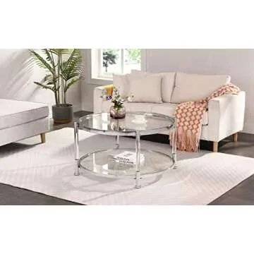 MISPACIO Tempered Glass Round Coffee Table, 32" Modern Acrylic Legs Circle Coffee Table with Clear Glass Top for Storage, Circular Center Table with Open Shelf for Living Room