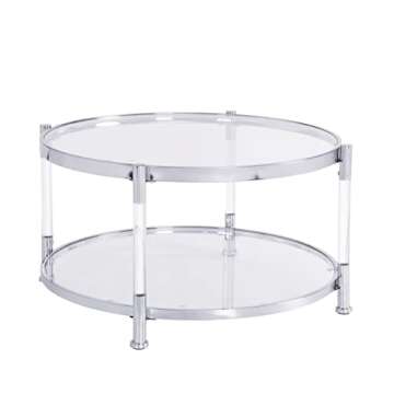 MISPACIO Tempered Glass Round Coffee Table, 32" Modern Acrylic Legs Circle Coffee Table with Clear Glass Top for Storage, Circular Center Table with Open Shelf for Living Room