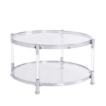 MISPACIO Tempered Glass Round Coffee Table, 32" Modern Acrylic Legs Circle Coffee Table with Clear Glass Top for Storage, Circular Center Table with Open Shelf for Living Room