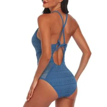 SOCIALA One Piece Swimsuit Women V Neck Bathing Suit for Womens High Waisted Backless Cutout Swim Suits Steel Blue S