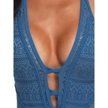 SOCIALA One Piece Swimsuit Women V Neck Bathing Suit for Womens High Waisted Backless Cutout Swim Suits Steel Blue S