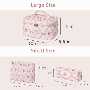 RSRSLEII 3Pcs Large Quilted Makeup Bag for Women and Girls, Cute Coquette Floral Cotton Cosmetic Bag...