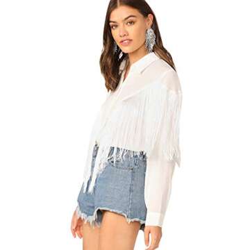 Verdusa Women's Fringe Trim Long Sleeve Button Up Blouse Shirt Top