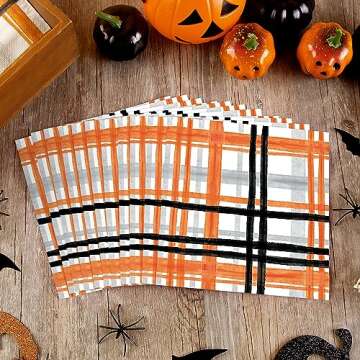 ​Quera 50 Pack Halloween Paper Napkins Orange Black Buffalo Plaid Cocktail Napkins Halloween Napki...