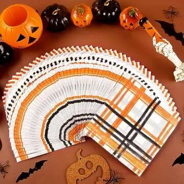 ​Quera 50 Pack Halloween Paper Napkins Orange Black Buffalo Plaid Cocktail Napkins Halloween Napkins Party Supplies Disposable Bar Napkins for Halloween Party, 6.5" * 6.5"