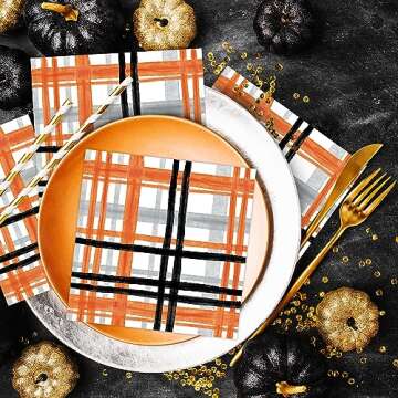 ​Quera 50 Pack Halloween Paper Napkins Orange Black Buffalo Plaid Cocktail Napkins Halloween Napkins Party Supplies Disposable Bar Napkins for Halloween Party, 6.5" * 6.5"