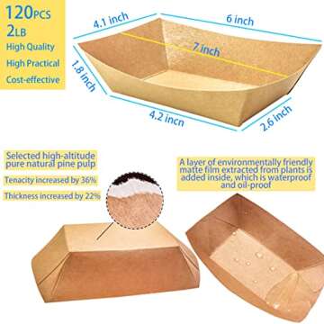 MotBach 120 Pcs Brown Kraft Paper Disposable Recyclable Eco-Friendly Food Serving Boats Take Out Foo...