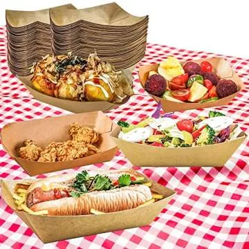 MotBach 120 Pcs Brown Kraft Paper Disposable Recyclable Eco-Friendly Food Serving Boats Take Out Food Trays Party Supplies for Tacos, Nachos, Crawfish, French Fries