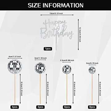 JOERSH 23pcs Disco Ball Cupcake Toppers Happy Birthday Cake Topper - 1970s Disco Ball Cake Picks Dis...