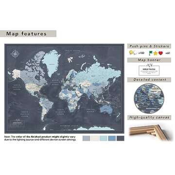 World Travel Map Push Pin on Canvas - Detailed World Map Pin Board - Travel Destinations Map World Map Wall Art (53 x 40) by Pin Adventure map