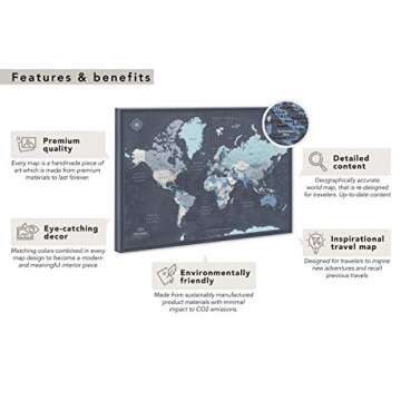 World Travel Map Push Pin on Canvas - Detailed World Map Pin Board - Travel Destinations Map World Map Wall Art (53 x 40) by Pin Adventure map