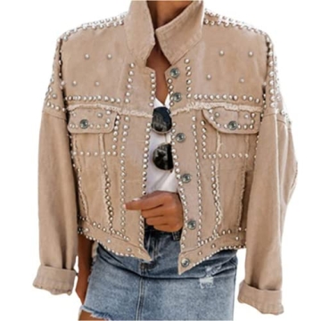 Omoone Women's Rhinestone Studded Denim Jacket Fashionable & Comfortable