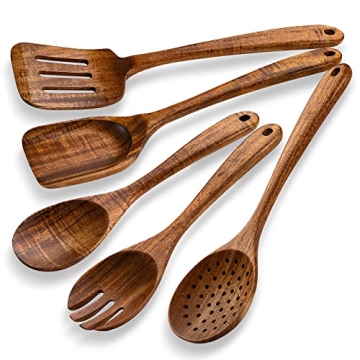 TANAAB Kitchen Wooden Spoons Utensils Set for Cooking, 5 Piece Acacia Wood Spoon Cooking Utensils Ap...