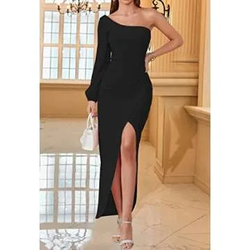 ZESICA Women's 2024 One Shoulder Long Sleeve Cocktail Dress Sexy High Slit Ruched Bodycon Wedding Guest Maxi Dresses,Black,Small