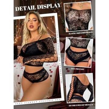 Buitifo Womens Lingerie Set Fishnet BabyDoll Bodysuit Two Piece Nightwear (Black,M)