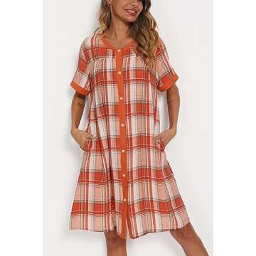 YOZLY House Dress for Women Short Sleeve House Coats Dusters Robe Moomoo nightgowns with Pockets, Plaid, Large