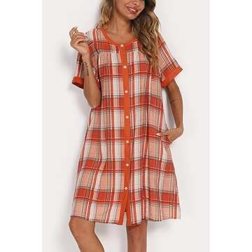 YOZLY House Dress for Women Short Sleeve House Coats Dusters Robe Moomoo nightgowns with Pockets, Plaid, Large