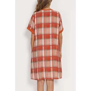YOZLY House Dress for Women Short Sleeve House Coats Dusters Robe Moomoo nightgowns with Pockets, Plaid, Large