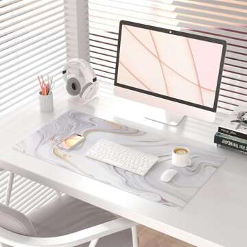 QIYI White Mouse Pad, Cute Marble Large Desk Mat, PU Leather Desk Protector Mousepad, Gold Grey Stri...