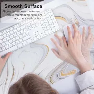 QIYI White Mouse Pad, Cute Marble Large Desk Mat, PU Leather Desk Protector Mousepad, Gold Grey Striped Waterproof Computer Keyboard Gaming Mouse Pads, Non Slip Extended Writing Pad 31.5" x 15.7"