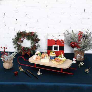 Sliner 16 Inch Christmas Charcuterie Board Xmas Sleigh Serving Platter Wooden Cutting Board Appetizer Serving Tray Metal Sleigh Charcuterie Serving Board for Bread Salad Cheese Kitchen Decorative